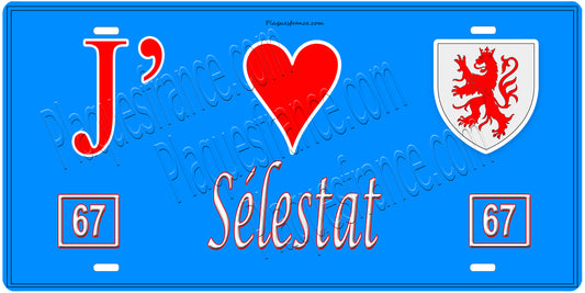 Plaque métal décorative, J' ❤️Sélestat, Bas Rhin, fond  mur bleu 67