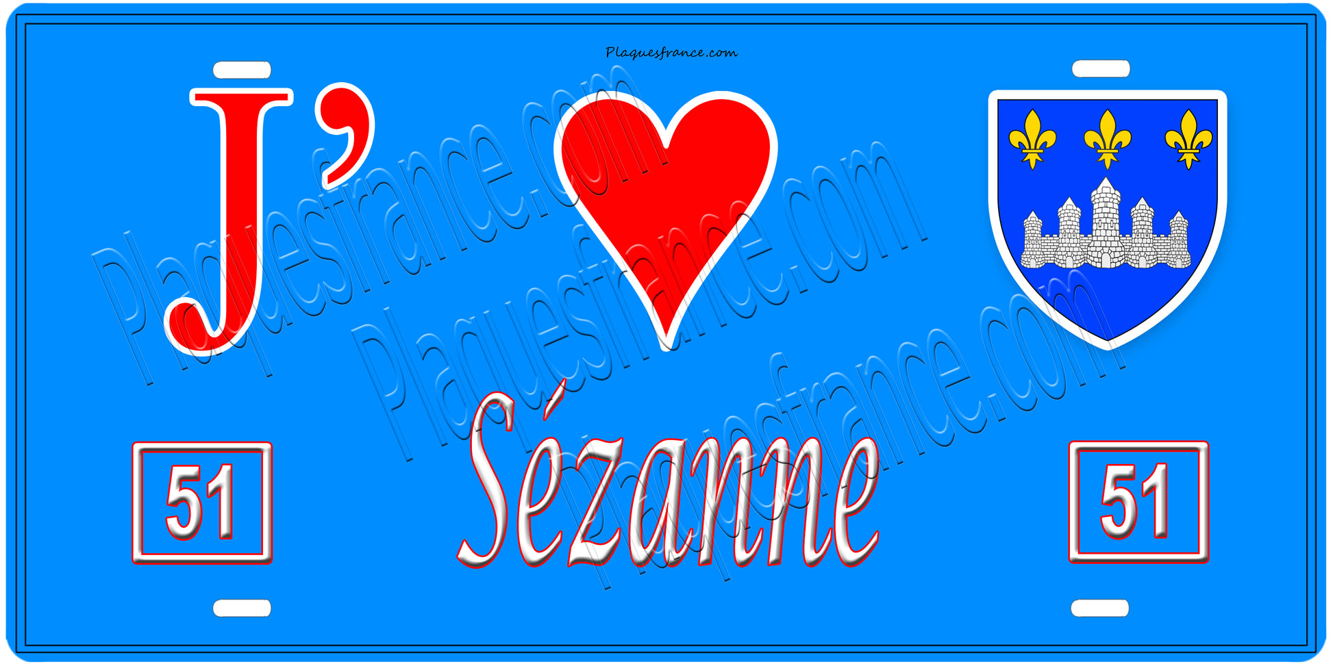 Plaque métal décorative, J' ❤️Sézanne, Marne, fond  mur bleu 51