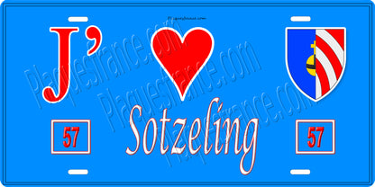 Plaque métal décorative 15 x 30 cm fond bleu 57 J' ❤️Sotzeling , canton du Saulnois Moselle 57