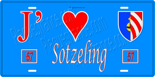 Plaque métal décorative 15 x 30 cm fond bleu 57 J' ❤️Sotzeling , canton du Saulnois Moselle 57