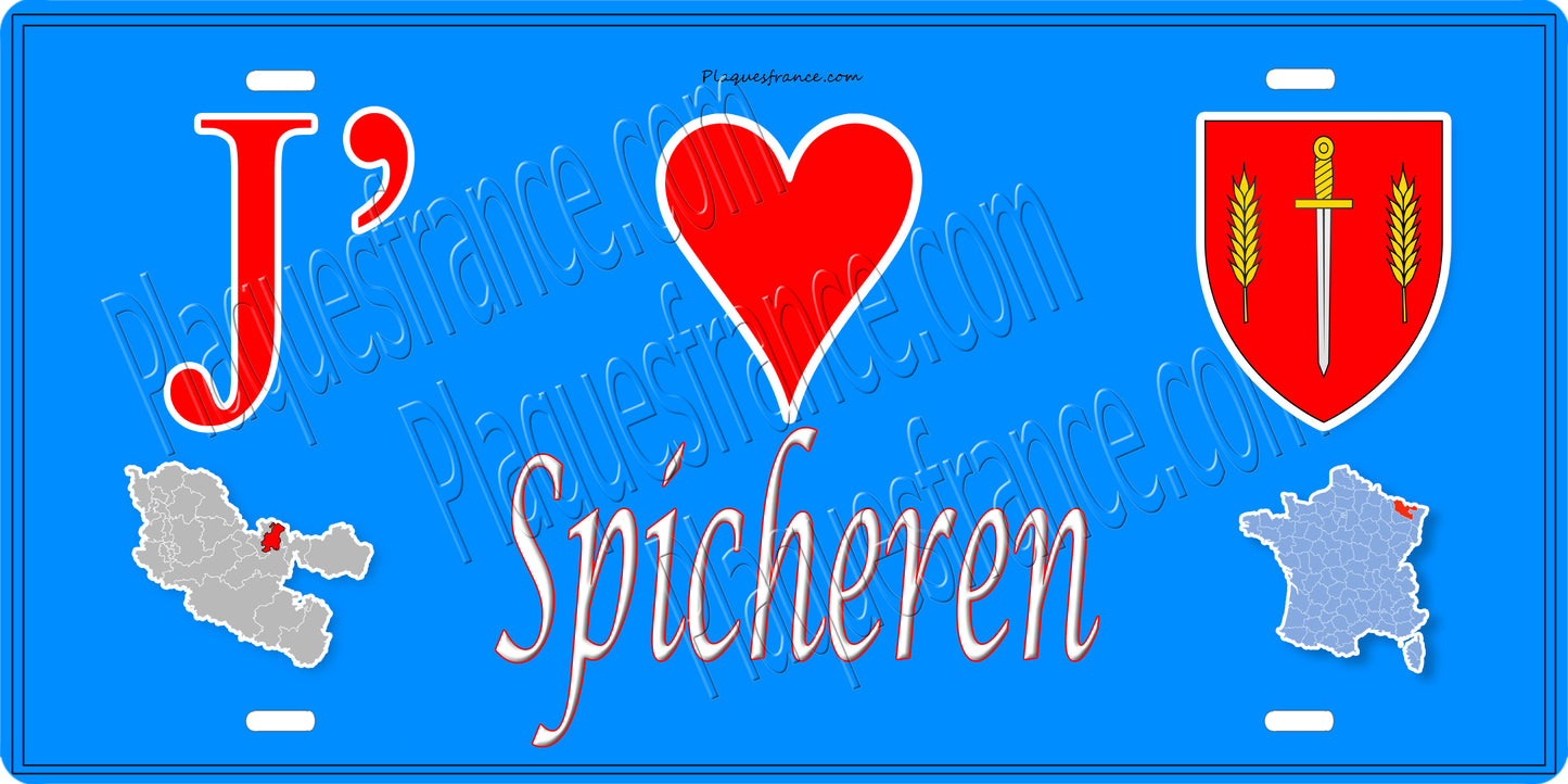 Plaque métal décorative 15 x 30 cm fond mur bleu carte J' ❤️ Spicheren, canton Stiring-Wendel Moselle 57