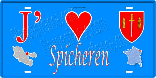 Plaque métal décorative 15 x 30 cm fond mur bleu carte J' ❤️ Spicheren, canton Stiring-Wendel Moselle 57