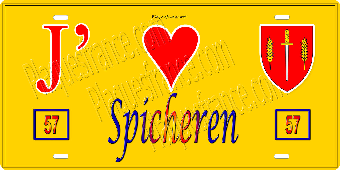 Plaque métal décorative 15 x 30 cm fond mur jaune 57 J' ❤️ Spicheren, canton Stiring-Wendel Moselle 57