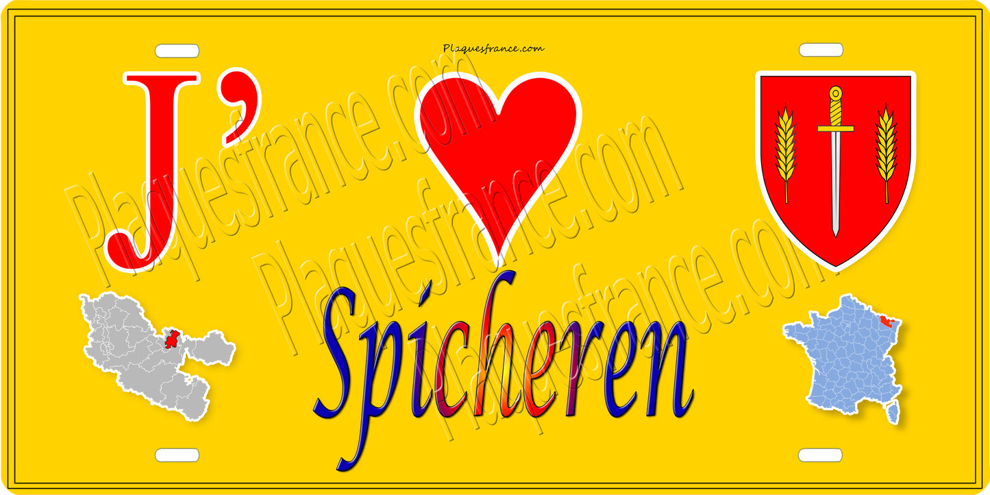 Plaque métal décorative 15 x 30 cm fond mur jaune carte J' ❤️ Spicheren, canton Stiring-Wendel Moselle 57