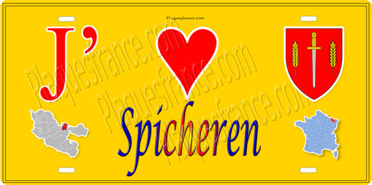 Plaque métal décorative 15 x 30 cm fond mur jaune carte J' ❤️ Spicheren, canton Stiring-Wendel Moselle 57