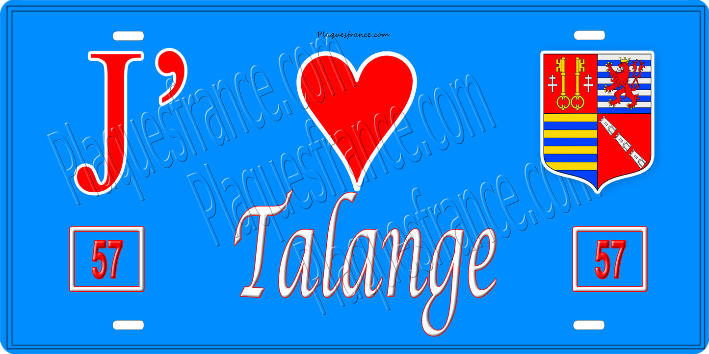 Plaque métal décorative  J' ❤️ Talange, fond mur bleu 57