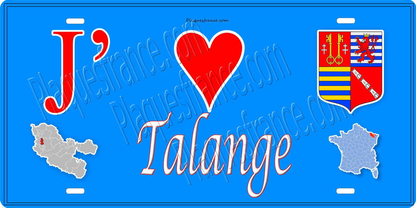 Plaque métal décorative  J' ❤️ Talange, fond mur bleu carte
