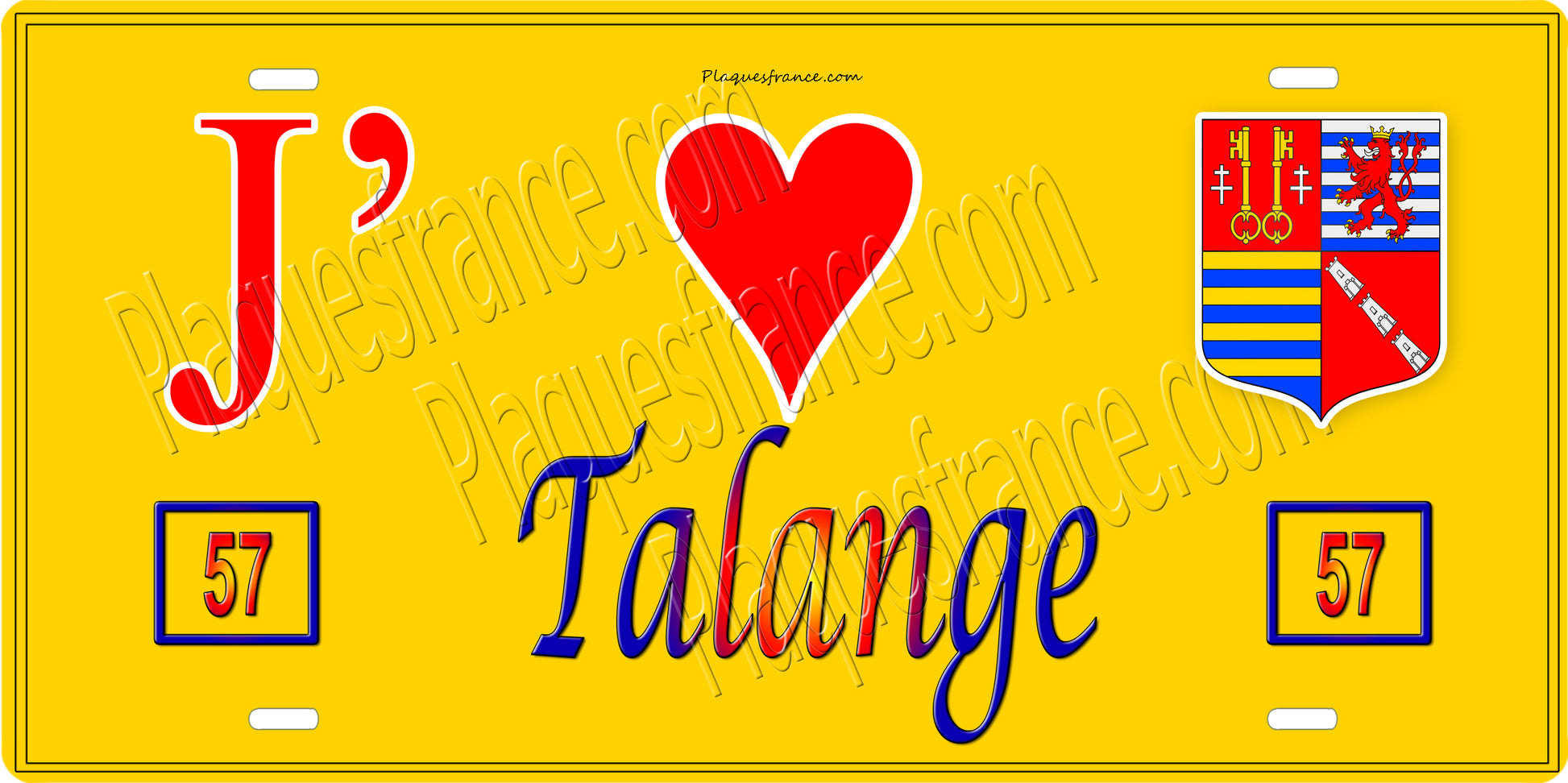 Plaque métal décorative  J' ❤️ Talange, fond mur jaune 57
