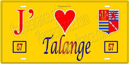 Plaque métal décorative  J' ❤️ Talange, fond mur jaune 57