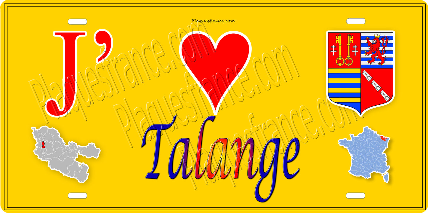 Plaque métal décorative  J' ❤️ Talange, fond mur jaune carte