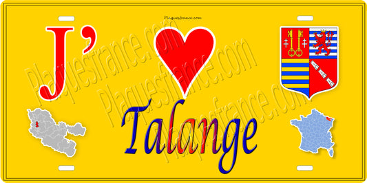 Plaque métal décorative  J' ❤️ Talange, fond mur jaune carte