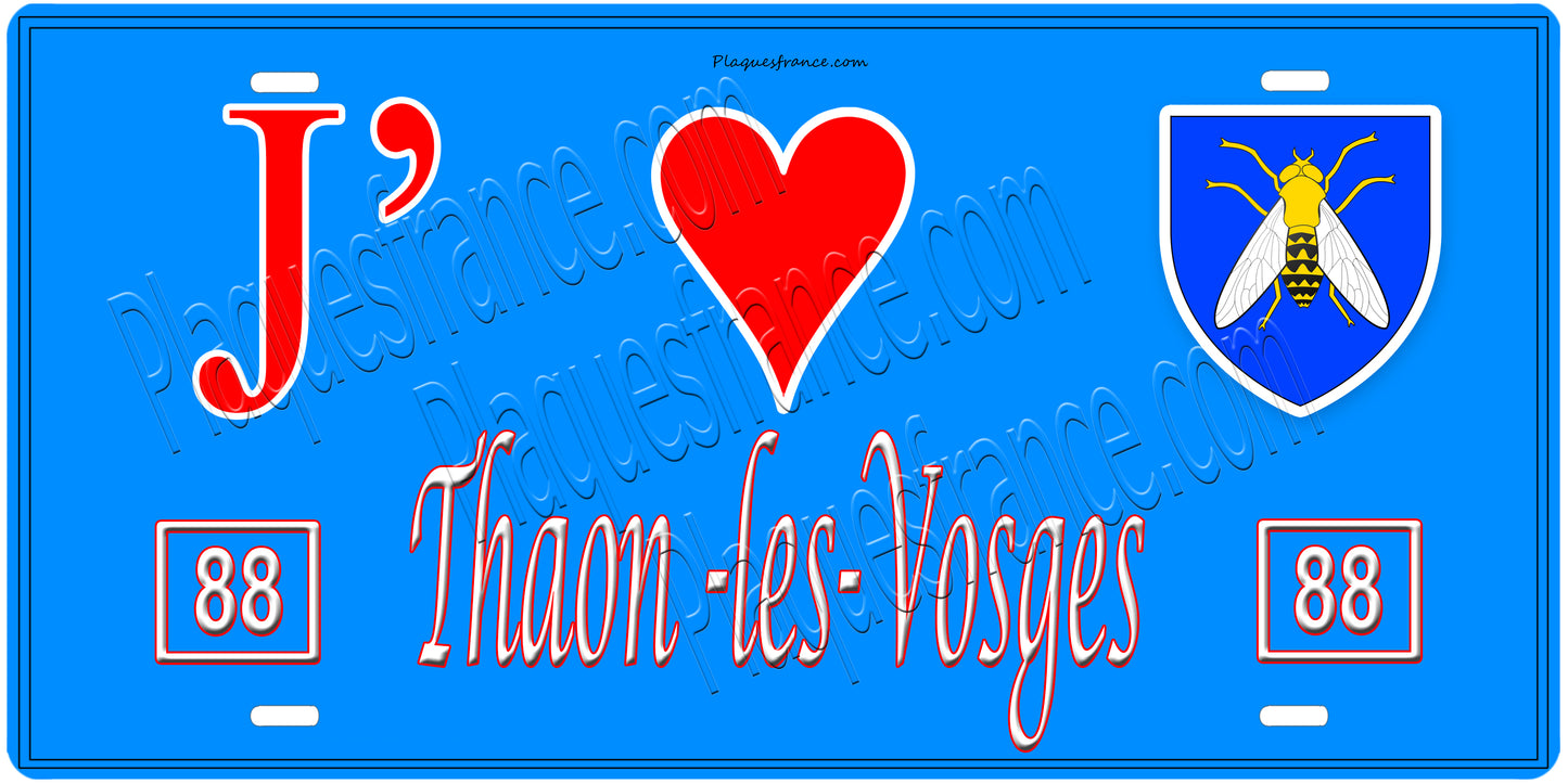 Plaque métal décorative, J' ❤️Thaon les Vosges, fond  mur bleu 88