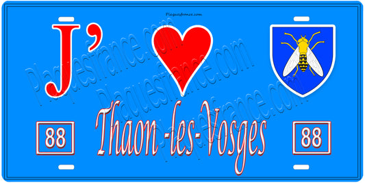 Plaque métal décorative, J' ❤️Thaon les Vosges, fond  mur bleu 88