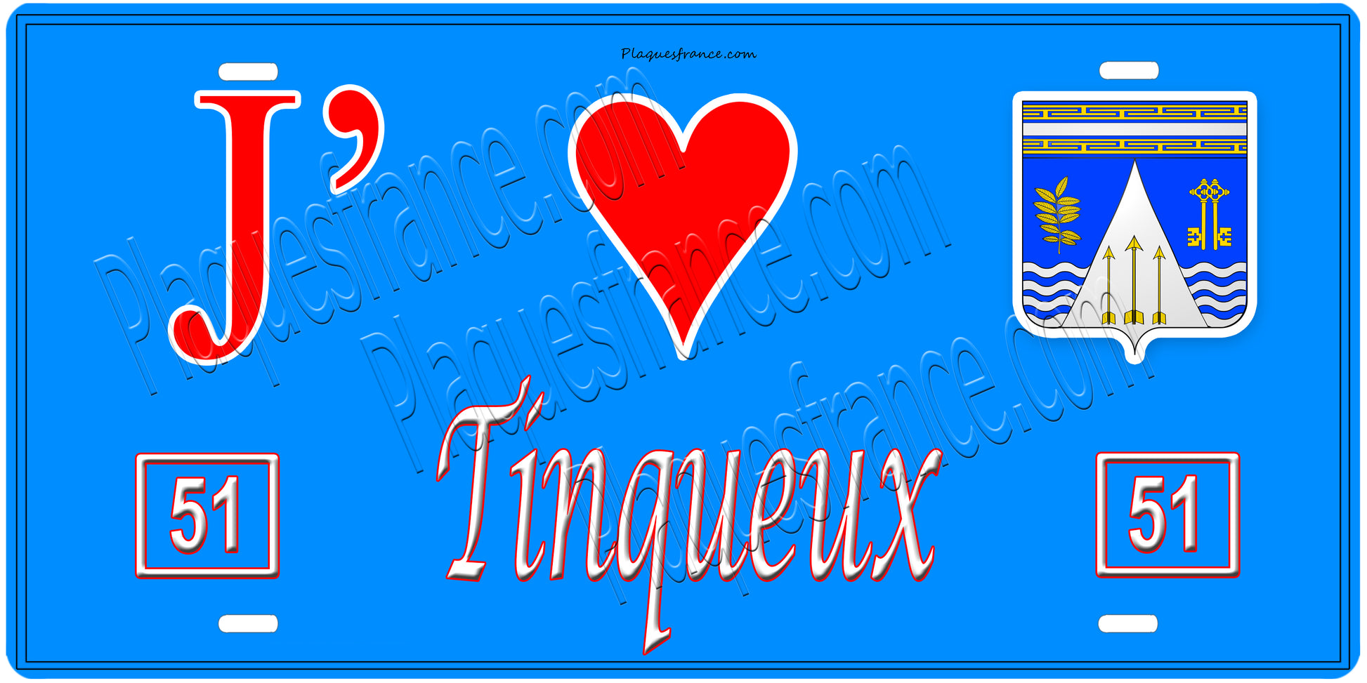 Plaque métal décorative, J' ❤️Tinqueux, Marne, fond  mur bleu 51