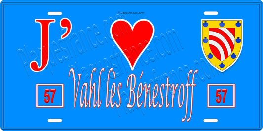 Plaque métal décorative 15 x 30 cm fond bleu 57 J' ❤️Vahl lès Bénestroff, canton du Saulnois Moselle 57