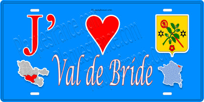 Plaque métal décorative 15 x 30 cm fond bleu carte J' ❤️ Val-de-Bride, canton du Saulnois Moselle 57