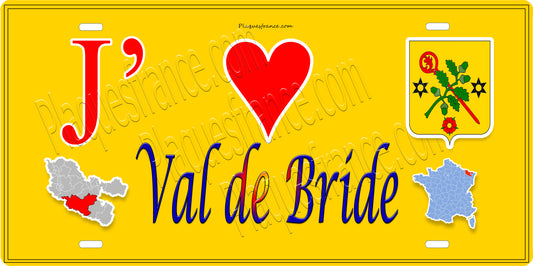 Plaque métal décorative 15 x 30 cm fond jaune carte J' ❤️ Val-de-Bride, canton du Saulnois Moselle 57