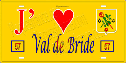 Plaque métal décorative 15 x 30 cm fond jaune 57 J' ❤️ Val-de-Bride, canton du Saulnois Moselle 57