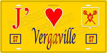 Plaque métal décorative 15 x 30 cm fond jaune 57 J' ❤️ Vergaville, canton du Saulnois Moselle 57