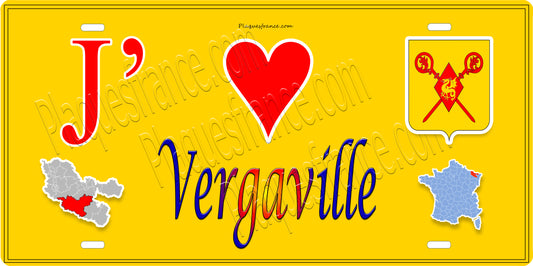 Plaque métal décorative 15 x 30 cm fond jaune carte J' ❤️ Vergaville, canton du Saulnois Moselle 57