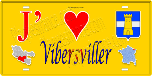 Plaque métal décorative 15 x 30 cm fond jaune carte J' ❤️ Vibersviller, canton du Saulnois Moselle 57