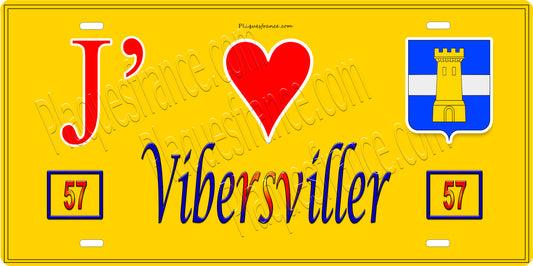 Plaque métal décorative 15 x 30 cm fond jaune 57 J' ❤️ Vibersviller, canton du Saulnois Moselle 57