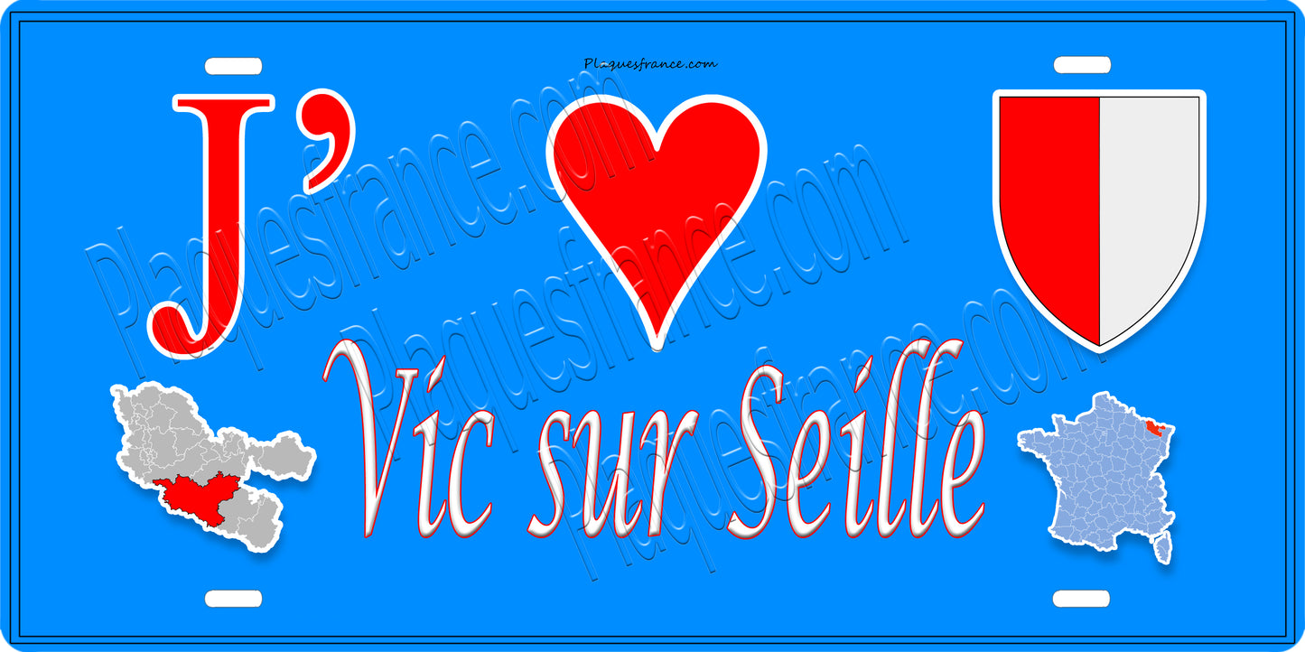 Plaque métal décorative 15 x 30 cm fond bleu carte J' ❤️ Vic-sur-Seille, canton du Saulnois Moselle 57
