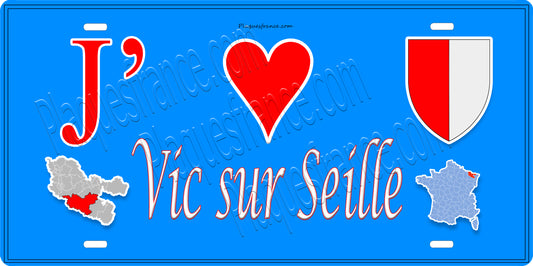Plaque métal décorative 15 x 30 cm fond bleu carte J' ❤️ Vic-sur-Seille, canton du Saulnois Moselle 57
