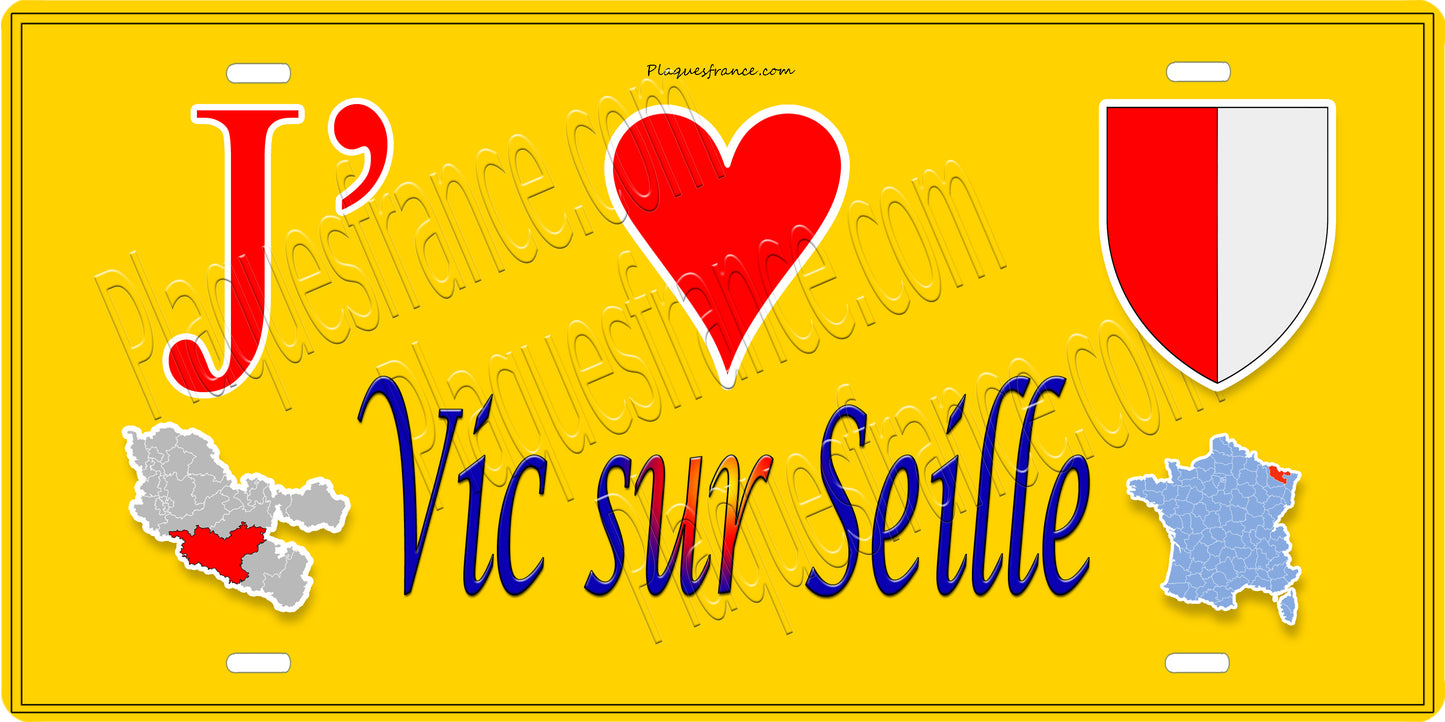 Plaque métal décorative 15 x 30 cm fond jaune carte J' ❤️ Vic-sur-Seille, canton du Saulnois Moselle 57