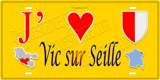 Plaque métal décorative 15 x 30 cm fond jaune carte J' ❤️ Vic-sur-Seille, canton du Saulnois Moselle 57