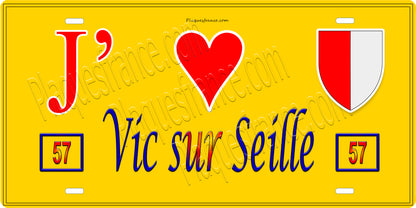 Plaque métal décorative 15 x 30 cm fond jaune 57 J' ❤️ Vic-sur-Seille, canton du Saulnois Moselle 57
