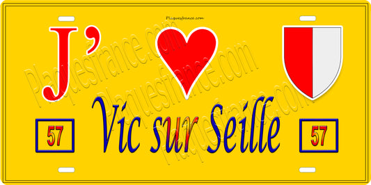Plaque métal décorative 15 x 30 cm fond jaune 57 J' ❤️ Vic-sur-Seille, canton du Saulnois Moselle 57