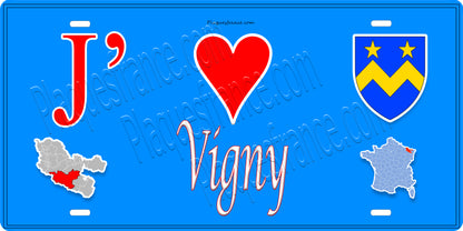 Plaque métal décorative 15 x 30 cm fond bleu carte J' ❤️ Vigny, canton du Saulnois Moselle 57