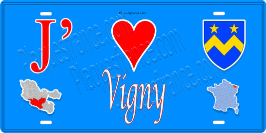 Plaque métal décorative 15 x 30 cm fond bleu carte J' ❤️ Vigny, canton du Saulnois Moselle 57