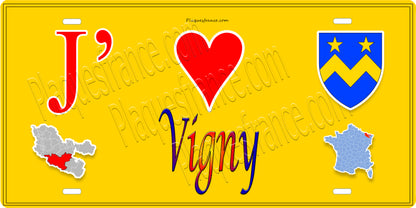 Plaque métal décorative 15 x 30 cm fond jaune carte J' ❤️ Vigny, canton du Saulnois Moselle 57
