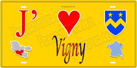 Plaque métal décorative 15 x 30 cm fond jaune carte J' ❤️ Vigny, canton du Saulnois Moselle 57