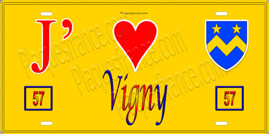 Plaque métal décorative 15 x 30 cm fond jaune 57 J' ❤️ Vigny, canton du Saulnois Moselle 57