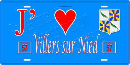 Plaque métal décorative 15 x 30 cm fond bleu 57 J' ❤️Villers sur Nied, canton du Saulnois Moselle 57