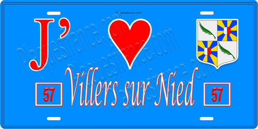 Plaque métal décorative 15 x 30 cm fond bleu 57 J' ❤️Villers sur Nied, canton du Saulnois Moselle 57