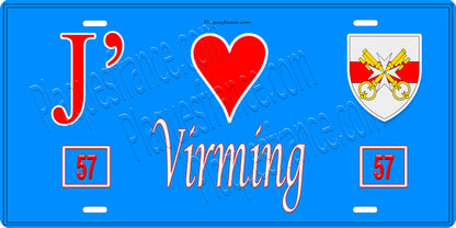 Plaque métal décorative 15 x 30 cm fond bleu 57 J' ❤️Virming, canton du Saulnois Moselle 57