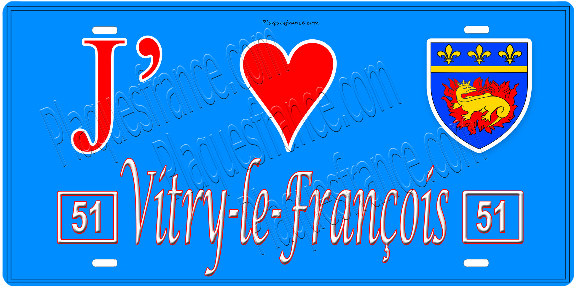 Plaque métal décorative, J' ❤️Vitry le François, Marne, fond  mur bleu 51