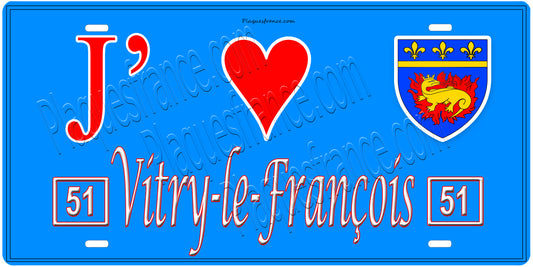 Plaque métal décorative, J' ❤️Vitry le François, Marne, fond  mur bleu 51