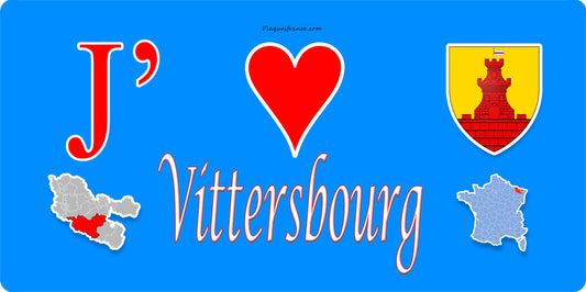 Plaque métal décorative 15 x 30 cm fond bleu carte J' ❤️ Vittersbourg, canton du Saulnois Moselle 57
