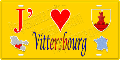 Plaque métal décorative 15 x 30 cm fond jaune carte J'❤️ Vittersbourg, canton du Saulnois Moselle 57