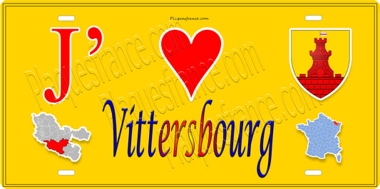 Plaque métal décorative 15 x 30 cm fond jaune carte J'❤️ Vittersbourg, canton du Saulnois Moselle 57