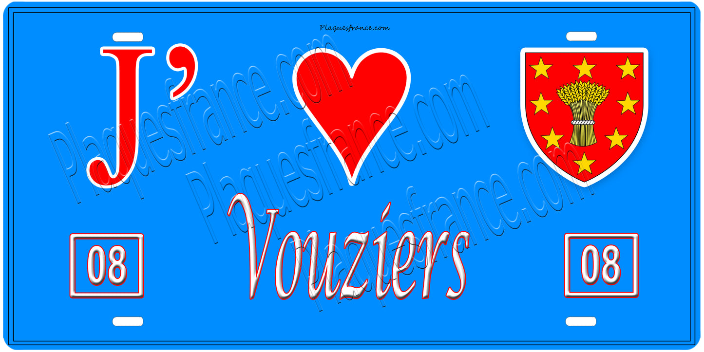 Plaque métal décorative, J' ❤️Vouziers, Ardennes, fond  mur bleu 08