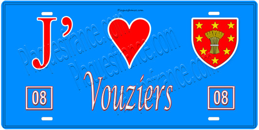 Plaque métal décorative, J' ❤️Vouziers, Ardennes, fond  mur bleu 08