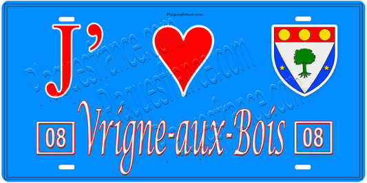 Plaque métal décorative, J' ❤️Vrigne aux Bois, Ardennes, fond  mur bleu 08