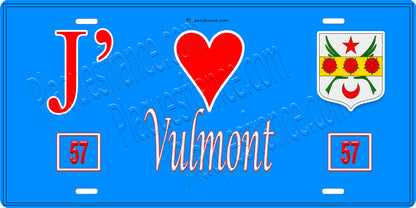 Plaque métal décorative 15 x 30 cm fond bleu 57 J' ❤️Vulmont, canton du Saulnois Moselle 57