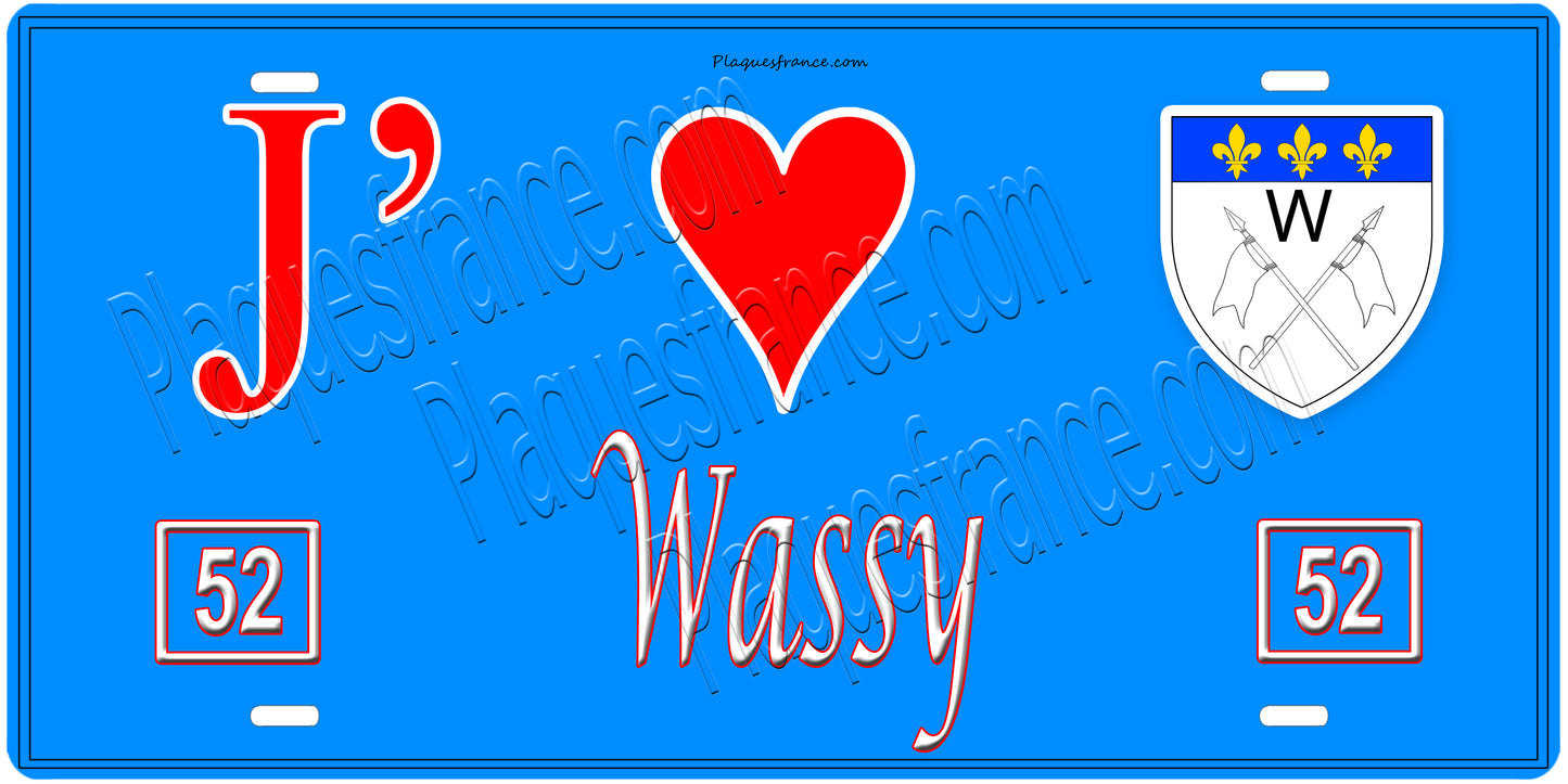Plaque métal décorative, J' ❤️Wassy, Haute Marne, fond  mur bleu 52